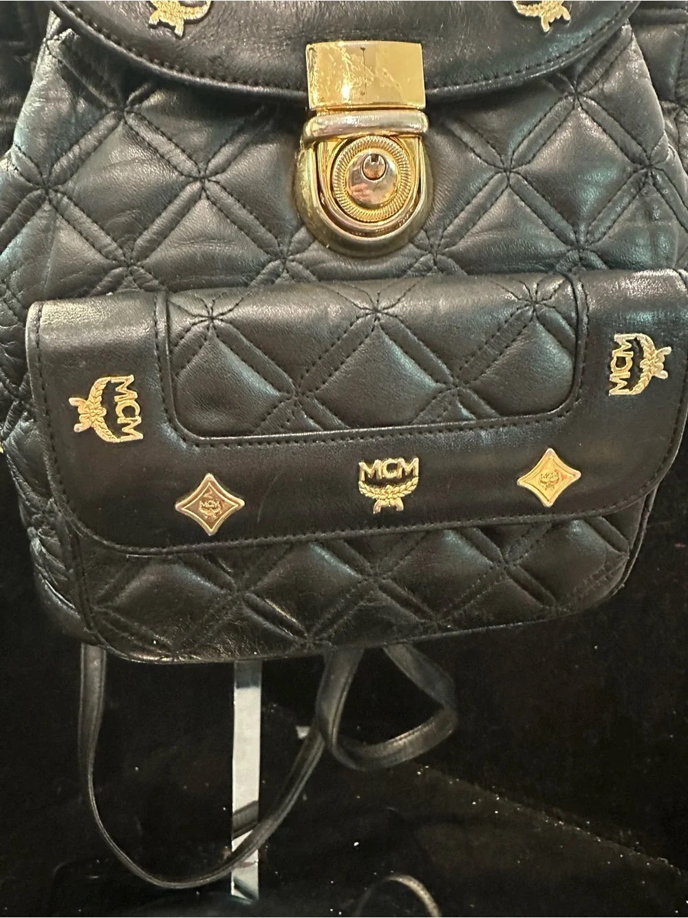 MCM # 226 Quilted Black Leather Backpack Gold Hardware/Logo Studs
